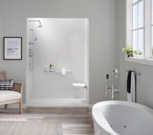 Light colored bathroom with shower and tub