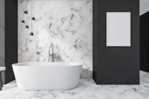 Modern bathroom interior with ceramic bathtub and white framed poster on wall. Tiled marble flooring. Panoramic window. No people. Mockup. 3d rendering. Simsbury, CT