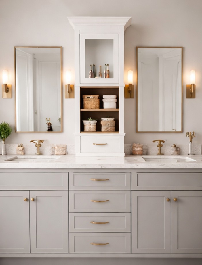15 Designer-Approved Bathroom Cabinet Storage and Organization Ideas double sink vanity with storage shelves 1 CareFree Home Pros