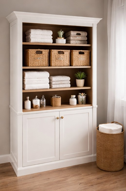 15 Designer-Approved Bathroom Cabinet Storage and Organization Ideas freestanding bathroom storage cabinet 2 CareFree Home Pros