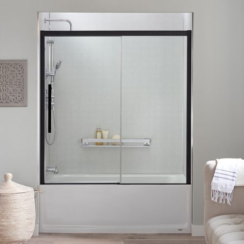 BW_Concealed_Roller_Door_Matte_Black_Linen_Walls_Chrome_Extrusions_Midrange_Straight bathroom in milford