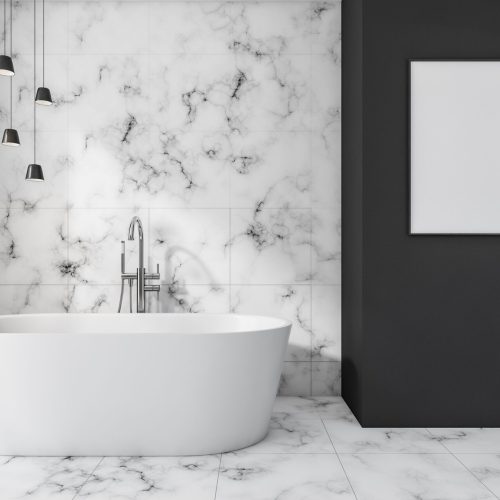 Upgraded replacement bathtub in an elegant marble bathroom – a luxurious and modern home improvement solution.
